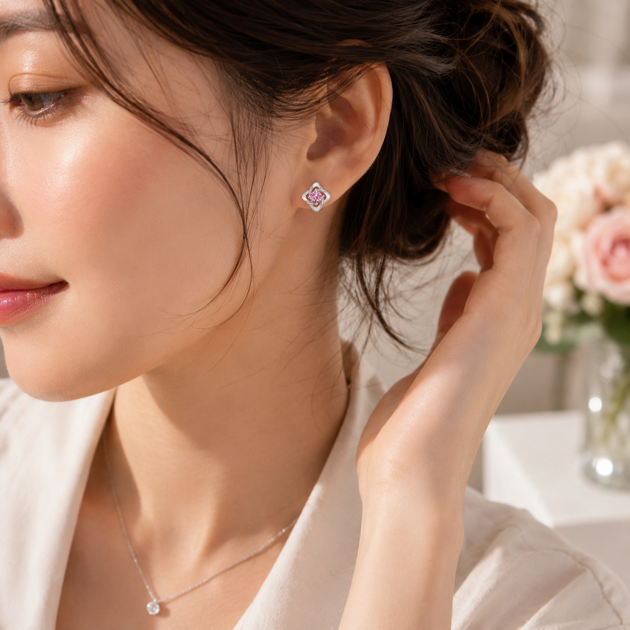 Pink Crystal Orbit 925 Sterling Silver Stud Earrings