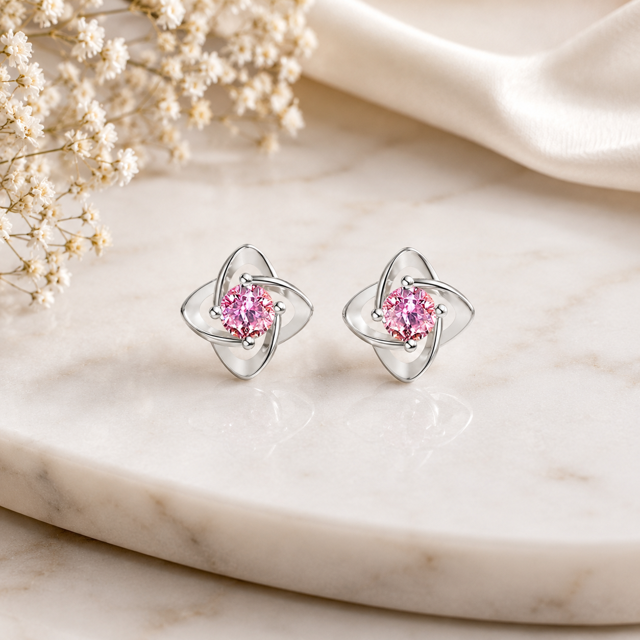 Pink Crystal Orbit 925 Sterling Silver Stud Earrings