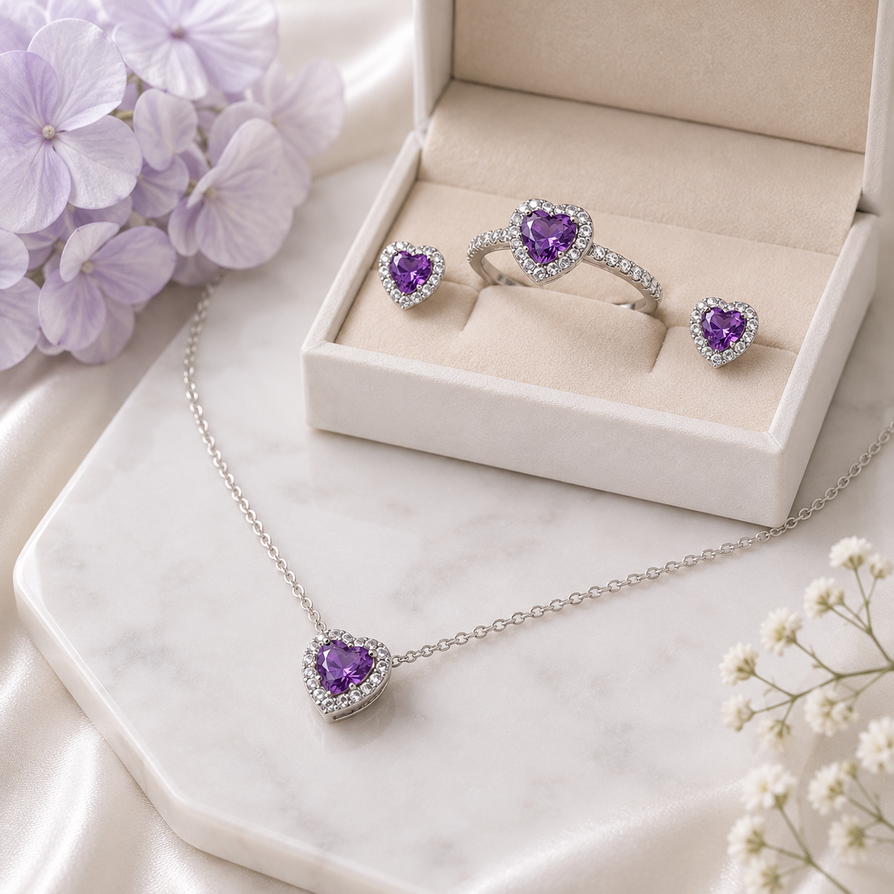 Purple Amethyst Heart Halo Jewelry Set