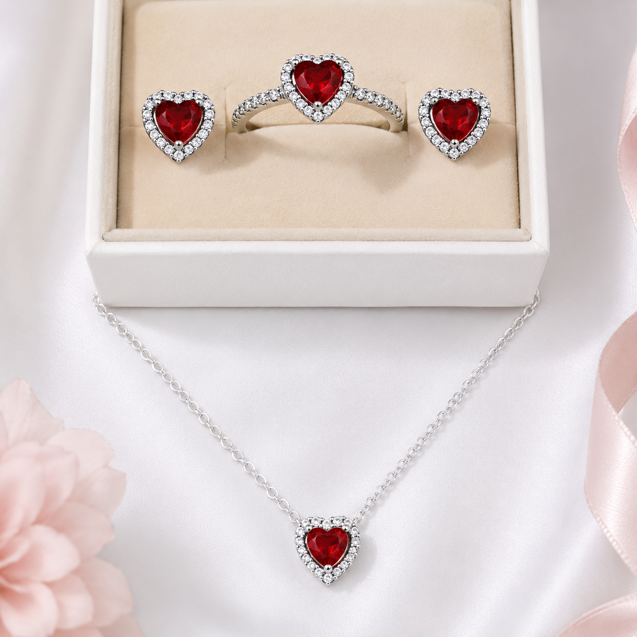 Red Ruby Heart Halo Jewelry Set