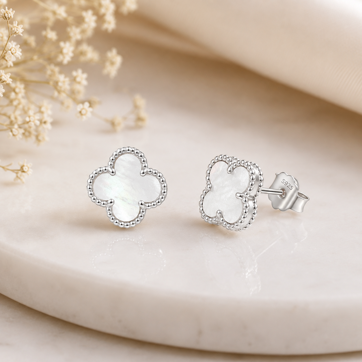 White Mother-of-Pearl Clover 925 Sterling Silver Stud Earrings