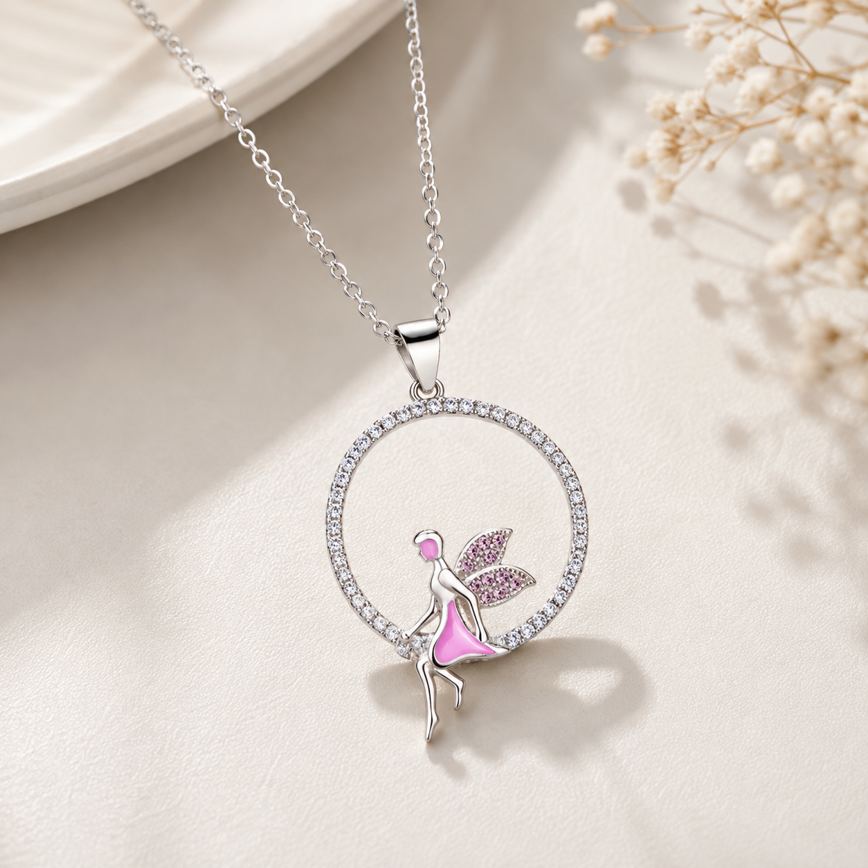 Enchanted Fairy Pink Stone Sterling Silver Necklace