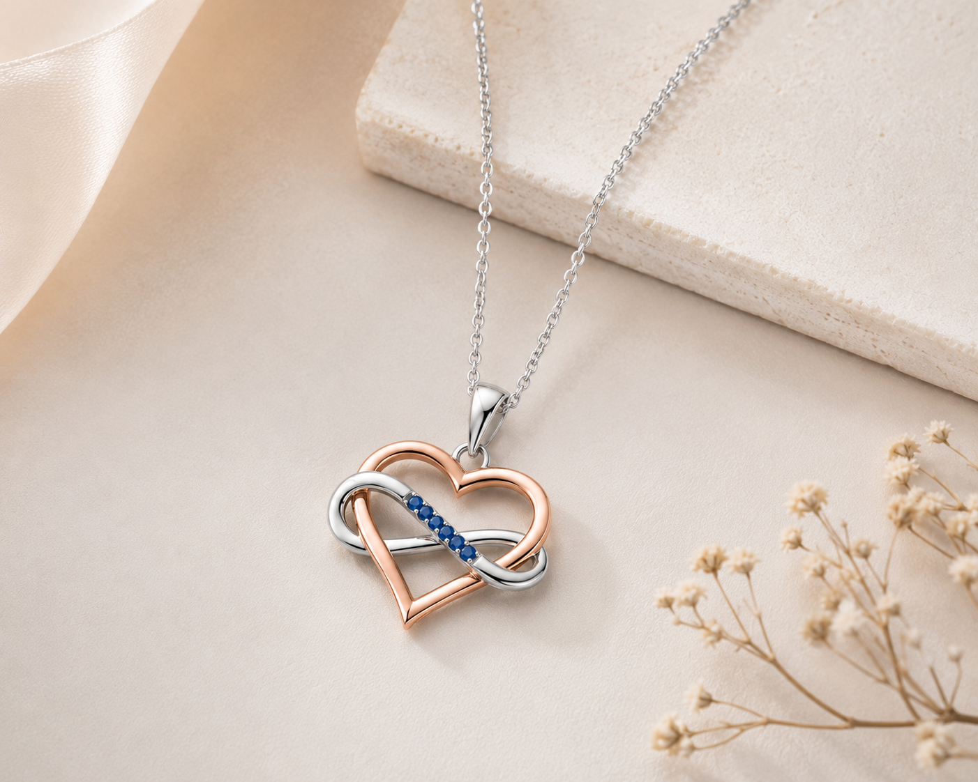 Romantic Heart & Infinity Pendant – Sterling Silver with Blue Cubic Zirconia