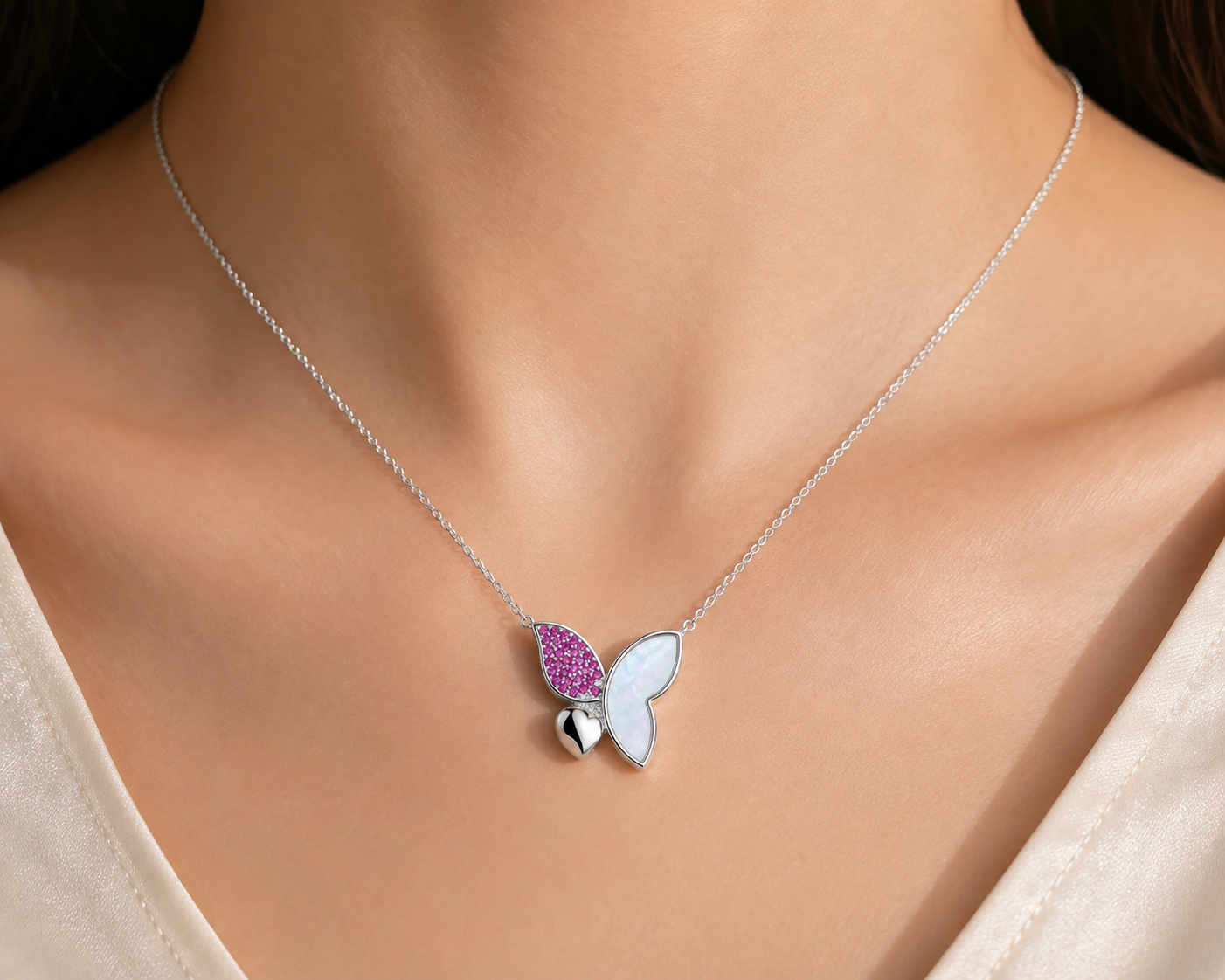 Butterfly Mother-of-Pearl & Pink Stone Necklace – 925 Sterling Silver