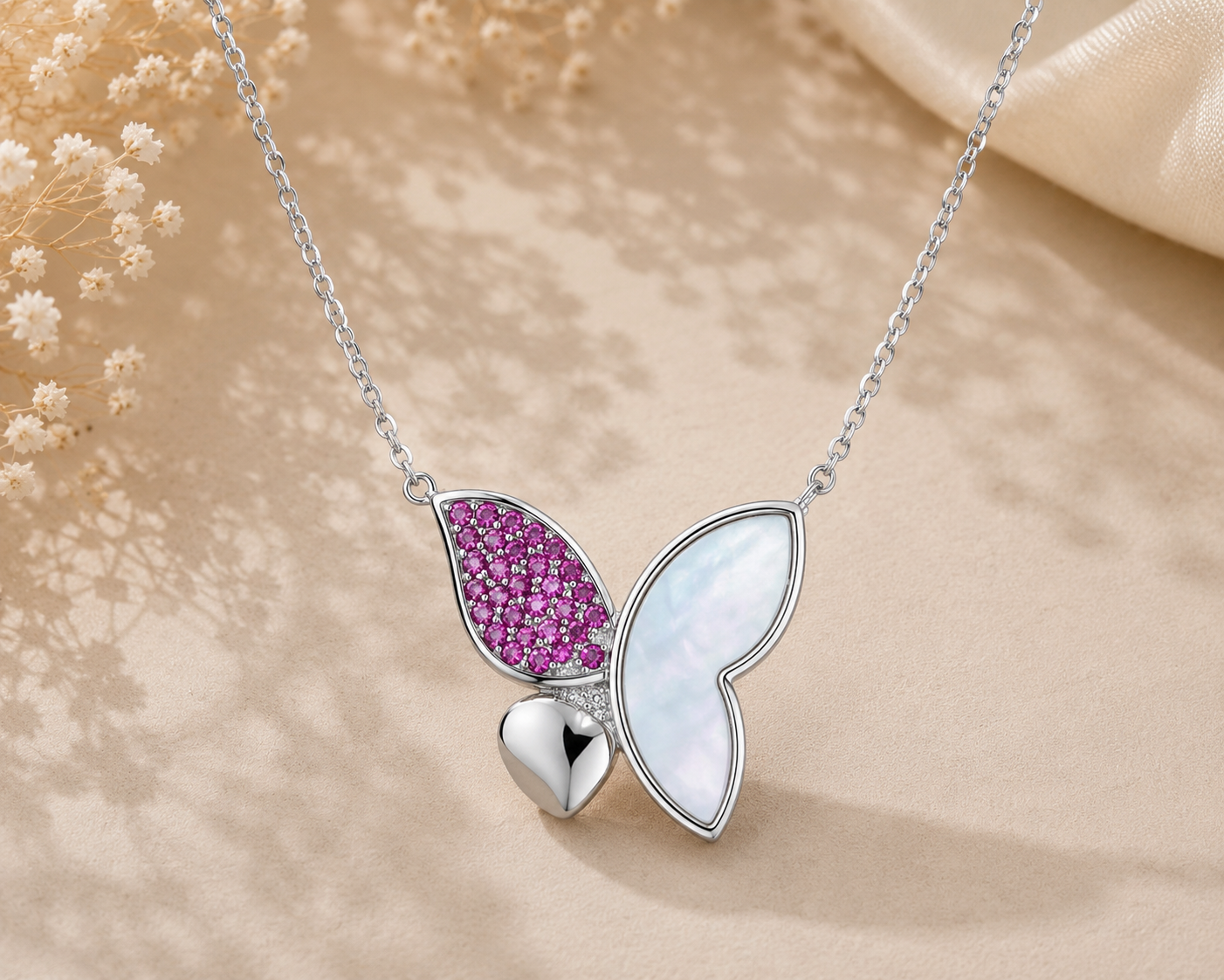 Butterfly Mother-of-Pearl & Pink Stone Necklace – 925 Sterling Silver
