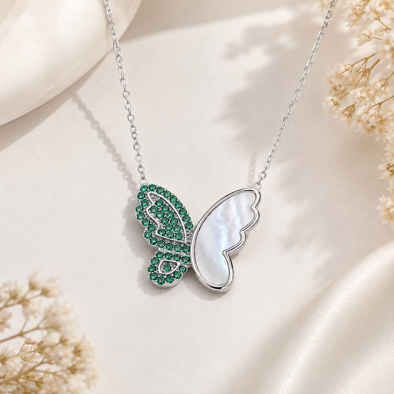 Emerald Butterfly Mother-of-Pearl Sterling Silver Necklace