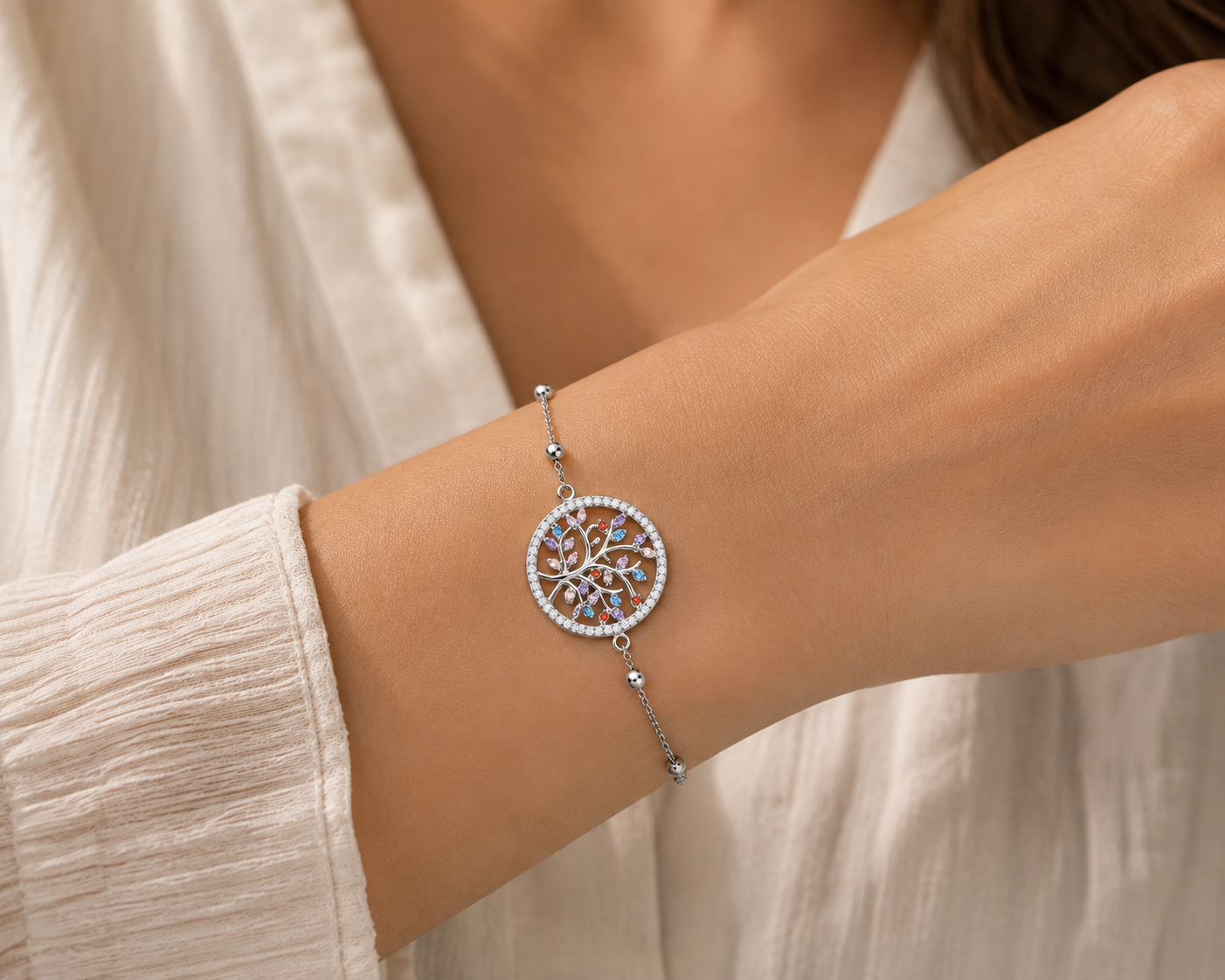 Tree of Life Multicolour Stone Sterling Silver Bracelet