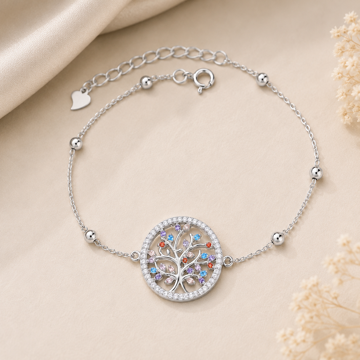 Tree of Life Multicolour Stone Sterling Silver Bracelet