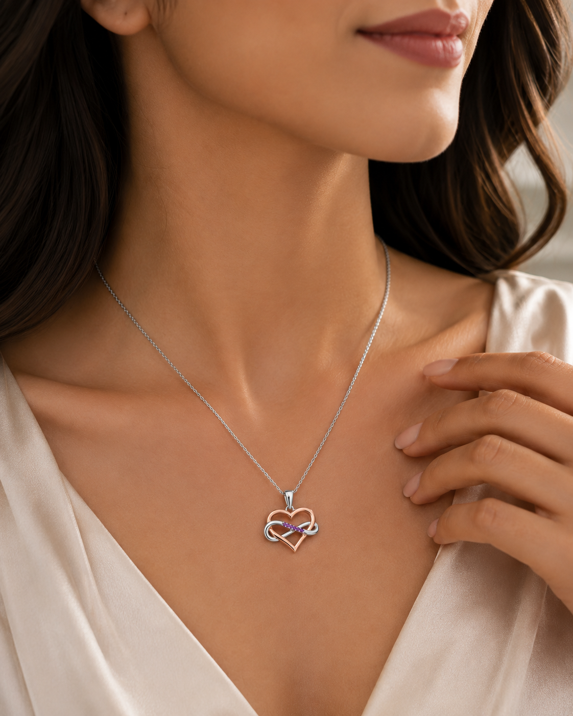 Romantic Heart & Infinity Pendant – Sterling Silver with Purple Cubic Zirconia
