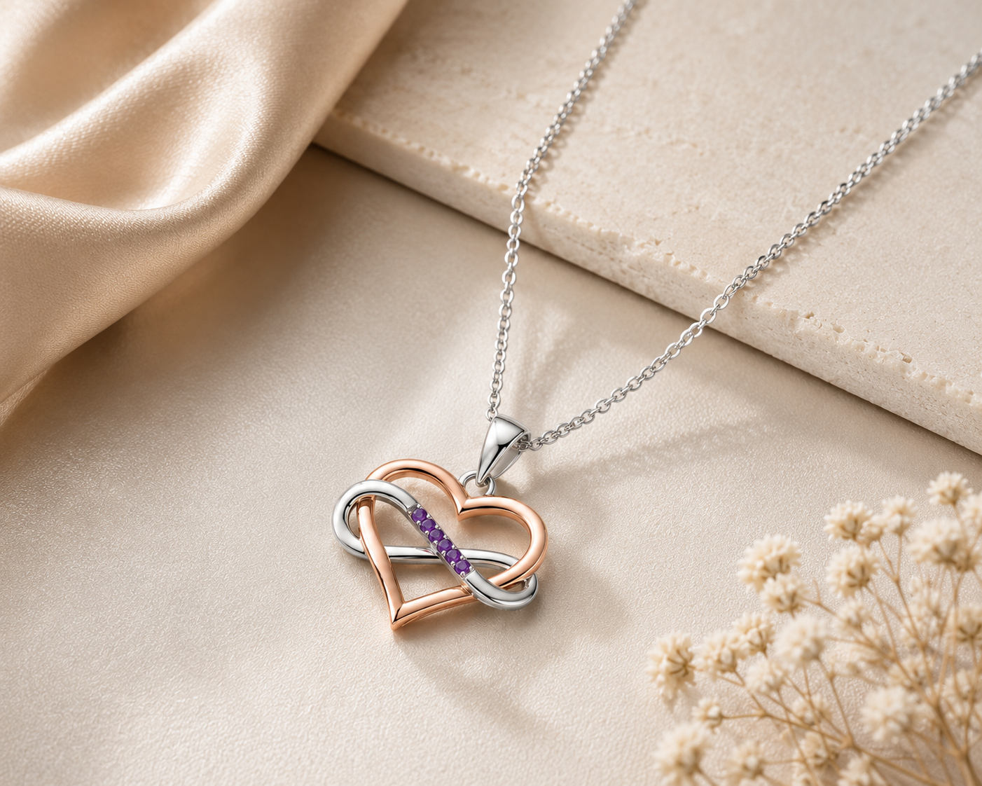 Romantic Heart & Infinity Pendant – Sterling Silver with Purple Cubic Zirconia