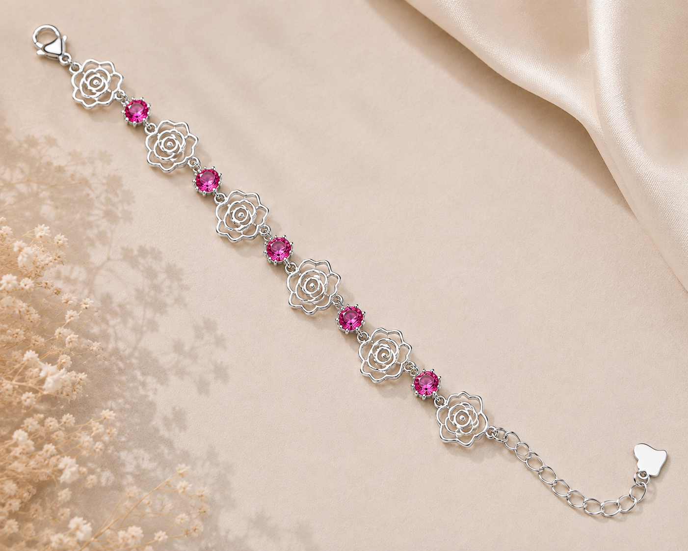 Rose Garden Pink Stone Sterling Silver Bracelet
