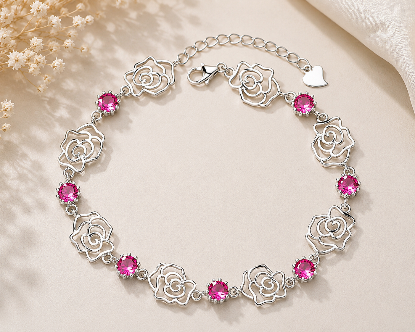 Rose Garden Pink Stone Sterling Silver Bracelet