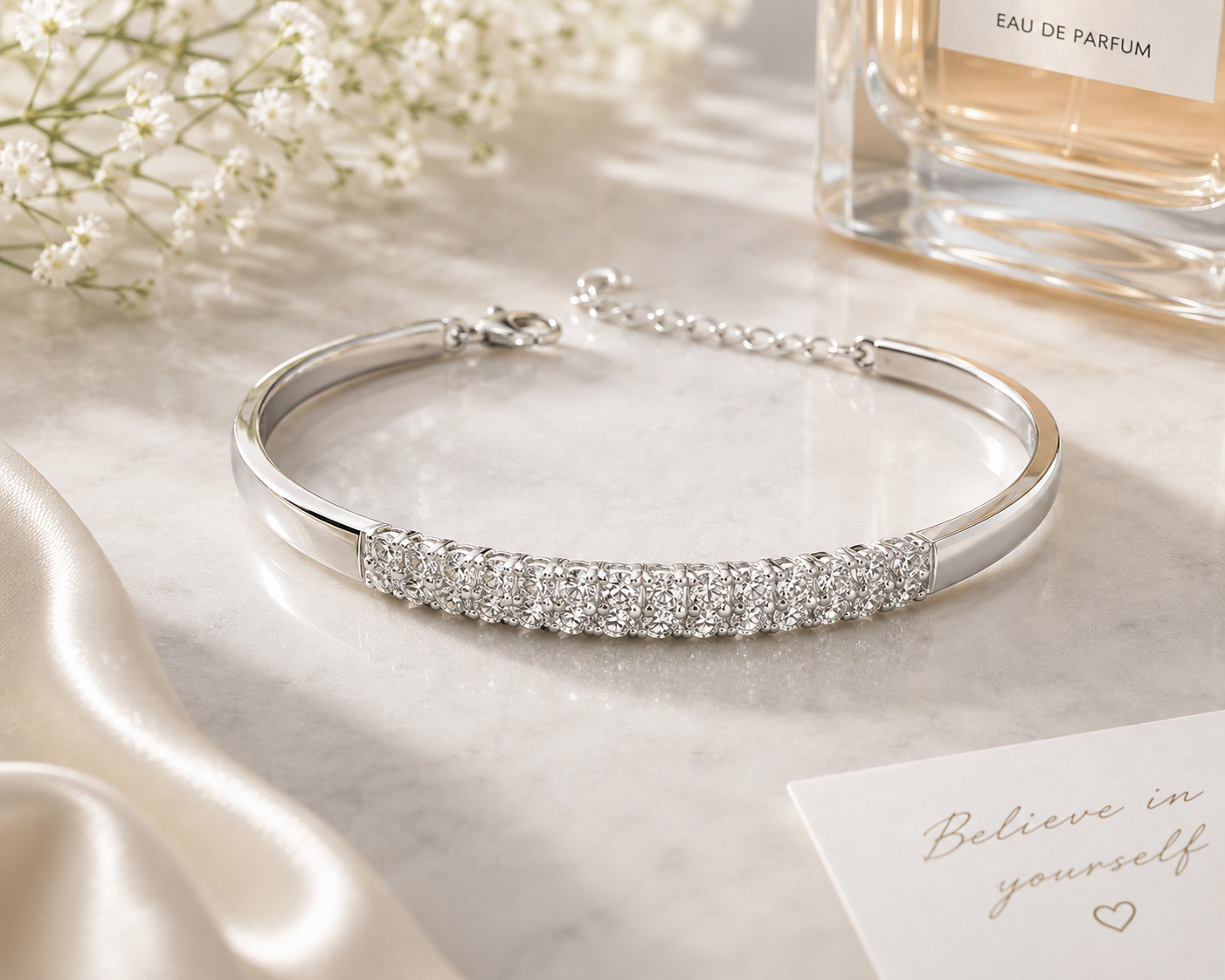 Elegant Multi-Row Stone Bangle Bracelet – White Gold Plated