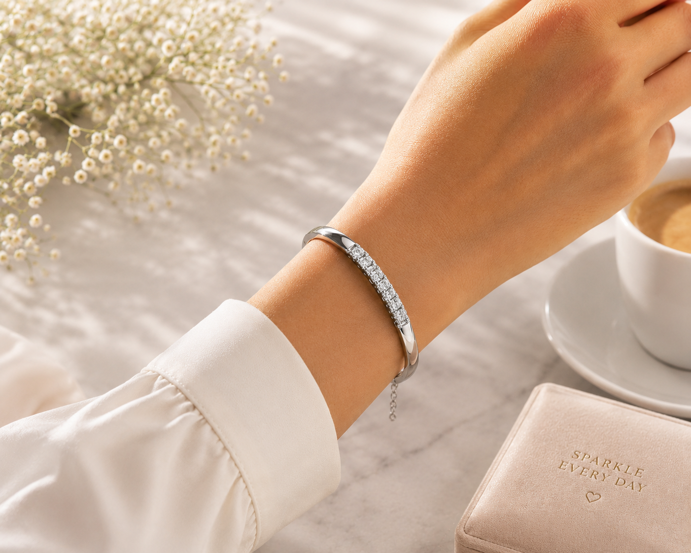 Elegant Multi-Row Stone Bangle Bracelet – White Gold Plated